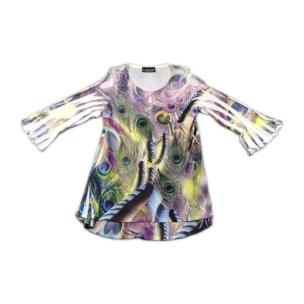 The Pyramid Collection Peacock Feather All Over Print Lace Tunic Top Women's M